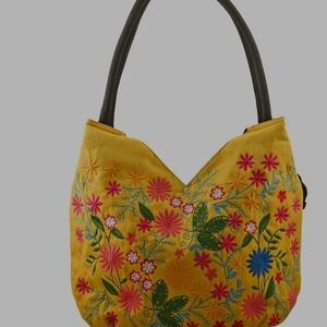 Floral Embroidered Yellow Handbag